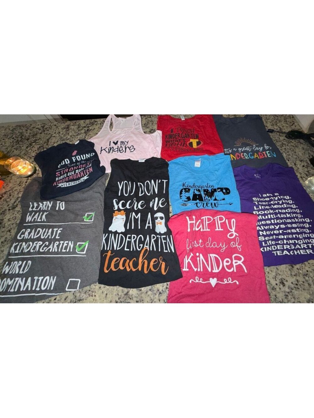 9-Piece Kindergarten Teacher Graphic T-Shirt Lot Sizes L-3XL